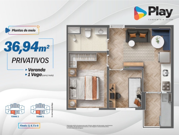 Planta de 36,94m² do Play Osasco